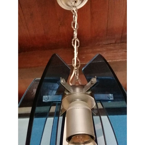 Image 1 of Lampe suspendue en verre bleu et métal argenté par Fontana Arte, Italie 1960