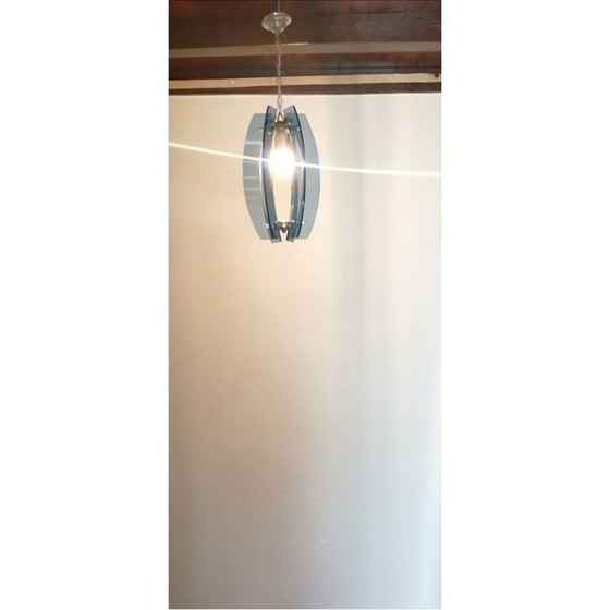 Image 1 of Lampe suspendue en verre bleu et métal argenté par Fontana Arte, Italie 1960