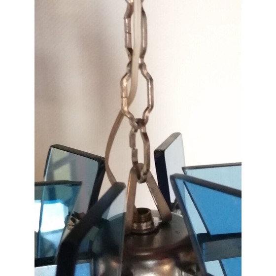 Image 1 of Lampe suspendue en verre bleu et métal argenté par Fontana Arte, Italie 1960