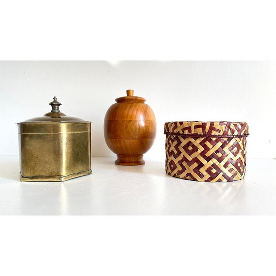 Image 1 of Ensemble de 3 boîtes vintage en laiton et bois, Chine