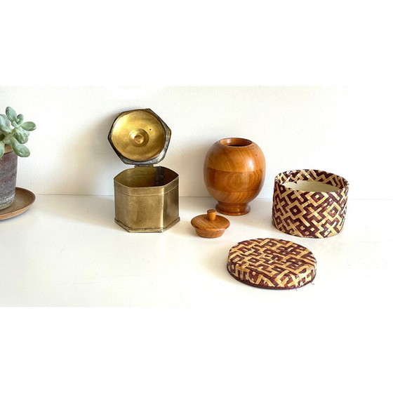 Image 1 of Ensemble de 3 boîtes vintage en laiton et bois, Chine