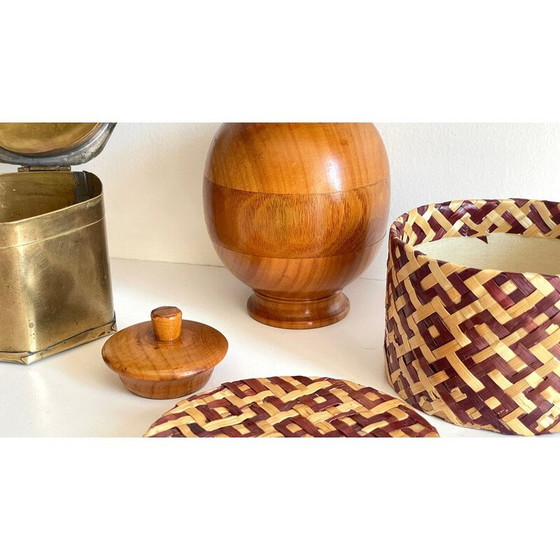 Image 1 of Ensemble de 3 boîtes vintage en laiton et bois, Chine