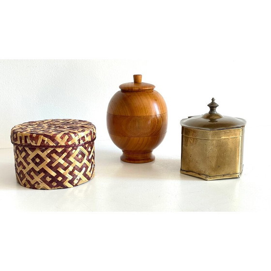 Image 1 of Ensemble de 3 boîtes vintage en laiton et bois, Chine