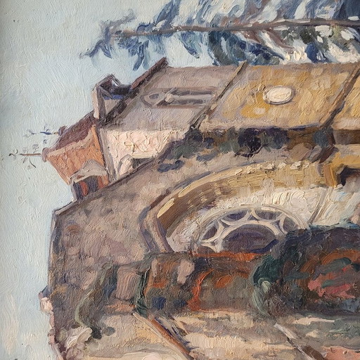 Huile sur panneau vintage "Abbaye de Sorde" par Jean Rigaud, France 1943