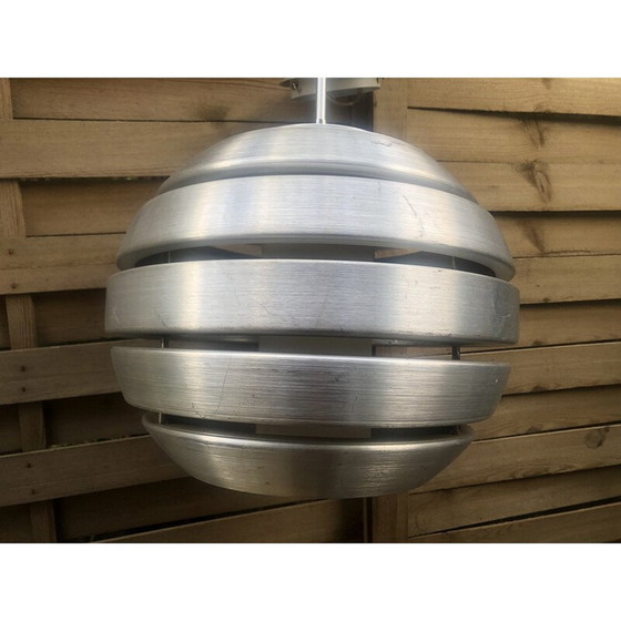Image 1 of Lampe suspendue vintage en acier poli avec globe cylindrique, 1970