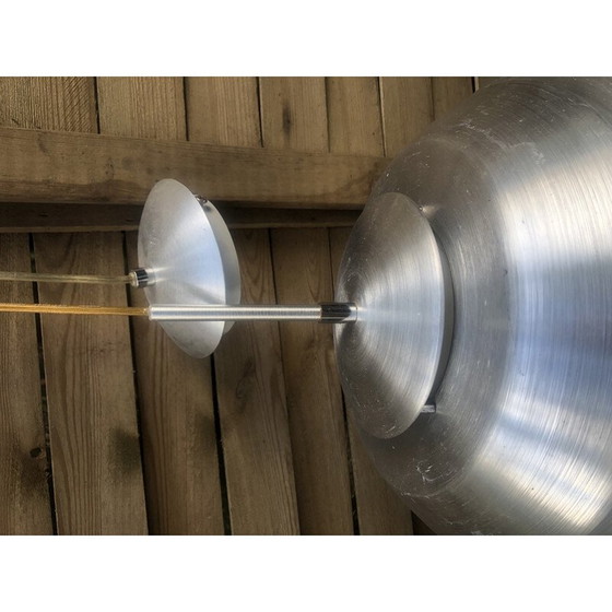 Image 1 of Lampe suspendue vintage en acier poli avec globe cylindrique, 1970