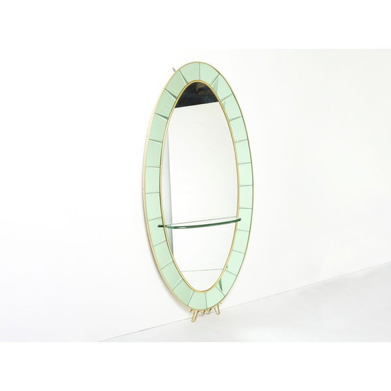 Image 1 of Miroir ovale italien vintage en laiton et cristal vert par Cristal Arte, 1950