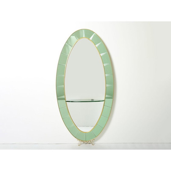 Image 1 of Miroir ovale italien vintage en laiton et cristal vert par Cristal Arte, 1950
