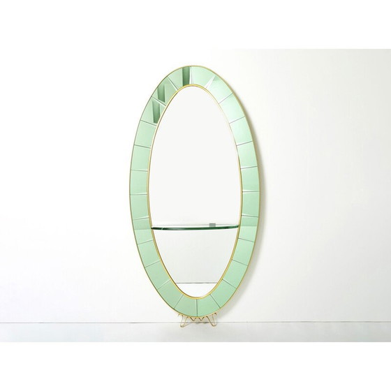 Image 1 of Miroir ovale italien vintage en laiton et cristal vert par Cristal Arte, 1950