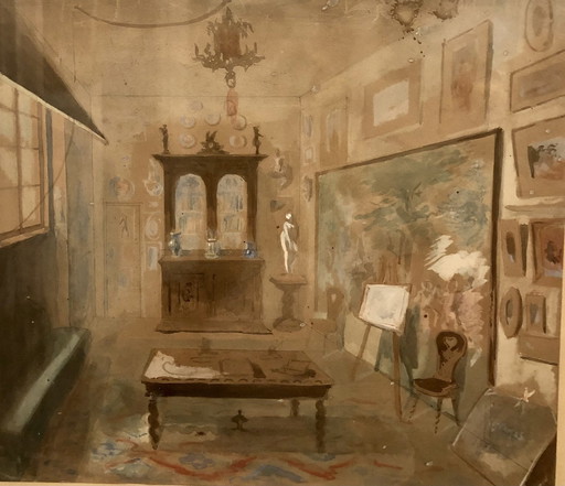 Tableau Ancienne Aquarelle Époque Art Déco .