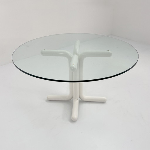 Table de salle à manger blanche avec plateau en verre, 1980S