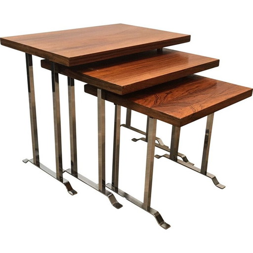 Ensemble de 3 tables gigognes vintage en bois exotique et chrome, France 1970