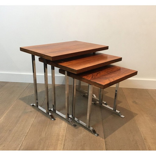 Ensemble de 3 tables gigognes vintage en bois exotique et chrome, France 1970