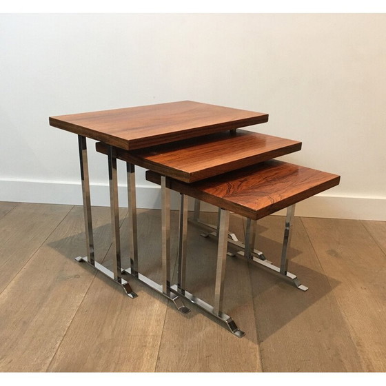 Image 1 of Ensemble de 3 tables gigognes vintage en bois exotique et chrome, France 1970