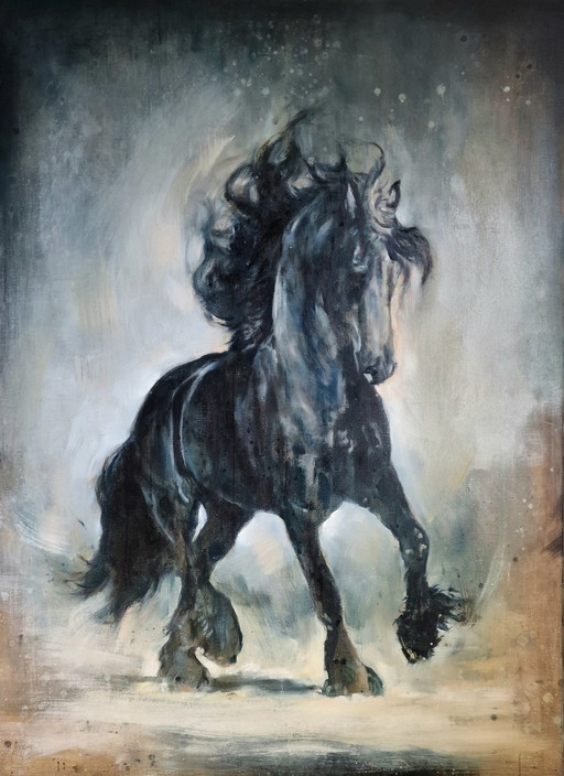 Peinture à l'huile, cheval frison, Nanouk Weijnen