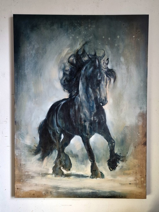 Peinture à l'huile, cheval frison, Nanouk Weijnen