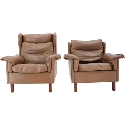 Paire de fauteuils vintage en cuir marron, Danemark 1970