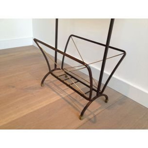 Porte-revues vintage en métal noir et laiton, 1950