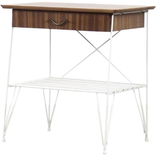 Table de nuit vintage scandinave en noyer brun avec pieds en métal blanc, années 1960