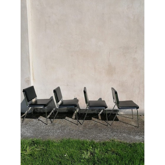 Image 1 of Ensemble de 4 chaises en skaï noir et chromé 1970