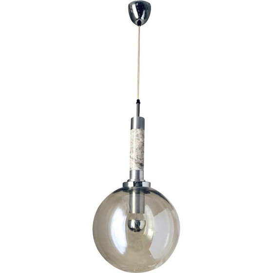 Image 1 of Suspension vintage en marbre, acier inoxydable brossé et verre fumé, Italie 1970