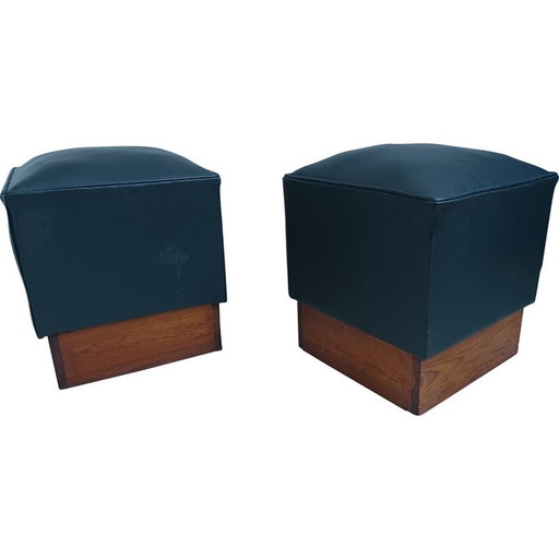 Paire de poufs vintage en pichpin et simili cuir vert, 1940