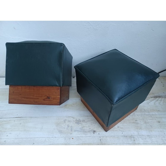 Image 1 of Paire de poufs vintage en pichpin et simili cuir vert, 1940