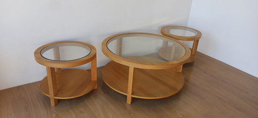 Tables rondes avec plateaux en verre, lot de 3.