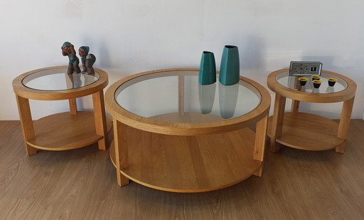 Tables rondes avec plateaux en verre, lot de 3.