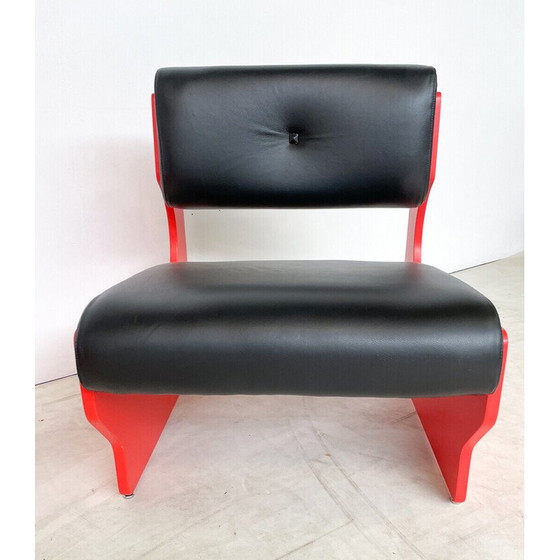 Image 1 of Paire de fauteuils vintage en bois laqué rouge et cuir noir, Italie 1980