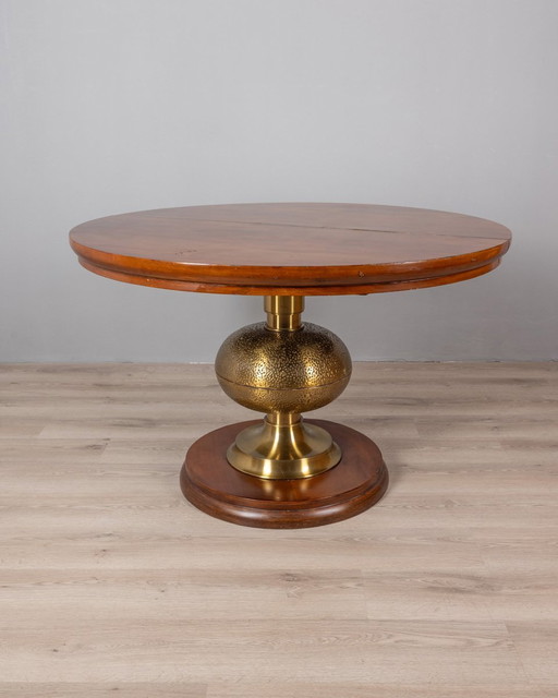 Table ronde en bois et laiton Vintage 1960S Design Luciano Frigerio