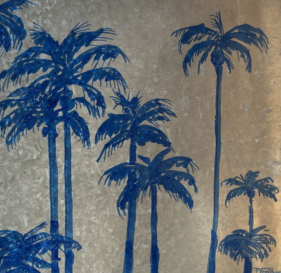 Image 1 of Tableau Encre sur Métal Palmiers Coucher de Soleil Miami