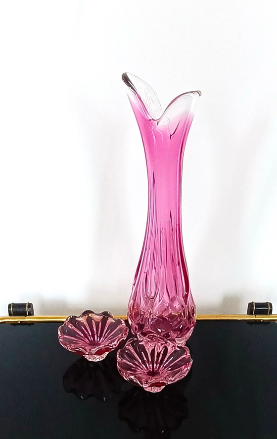 Image 1 of Egermann - Grand vase rose avec deux bols roses