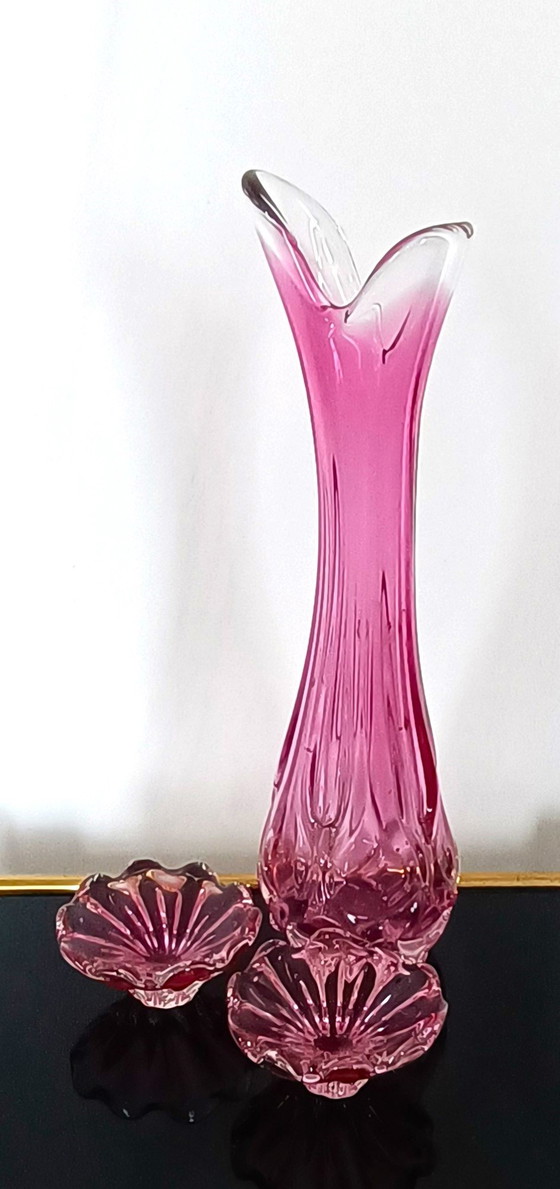 Image 1 of Egermann - Grand vase rose avec deux bols roses