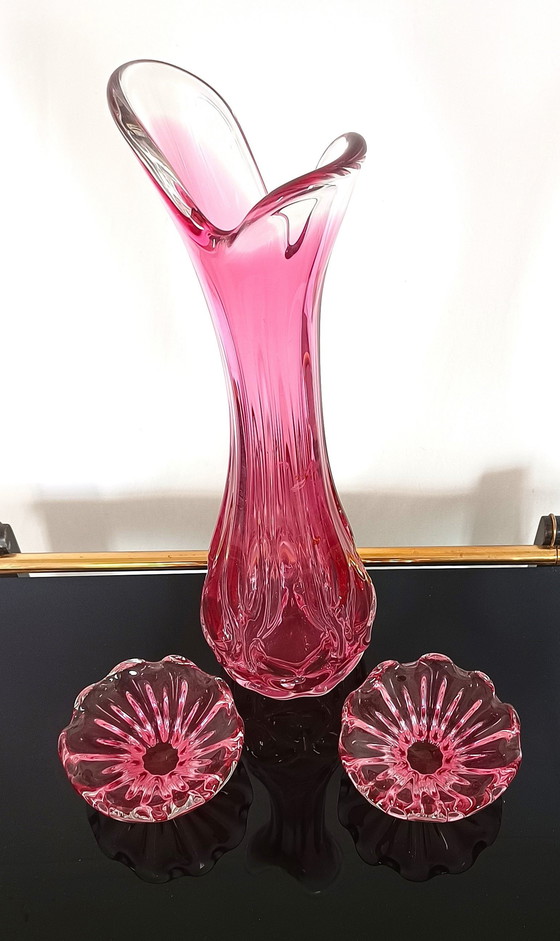 Image 1 of Egermann - Grand vase rose avec deux bols roses