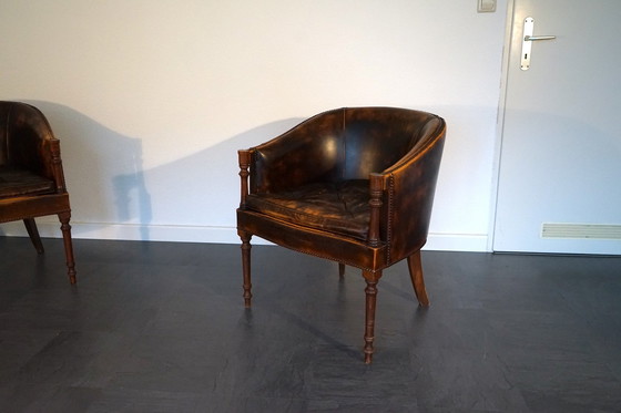 Image 1 of Fauteuil Anglais Vintage En Cuir Cognac, Lot de 2