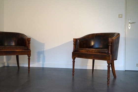 Image 1 of Fauteuil Anglais Vintage En Cuir Cognac, Lot de 2