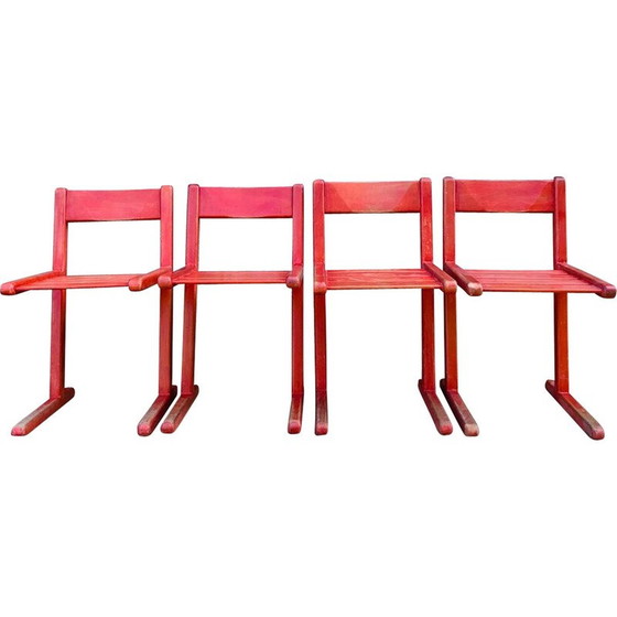 Image 1 of Ensemble de 4 chaises vintage en bois rouge