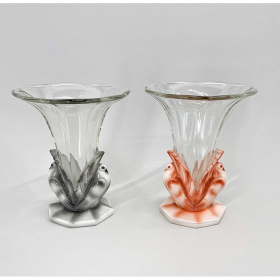 Image 1 of Paire de vases en verre à colombes Art déco de Josef Feigl pour Libochovice Glassworks, Tchécoslovaquie1930