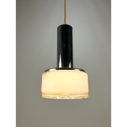 Lampe suspendue vintage en verre clair avec support chromé, Pays-Bas 1970