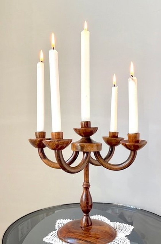 Image 1 of Chandelier vintage en bois pour 5 bougies