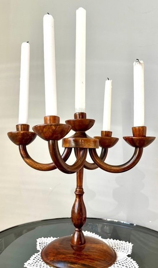 Chandelier vintage en bois pour 5 bougies