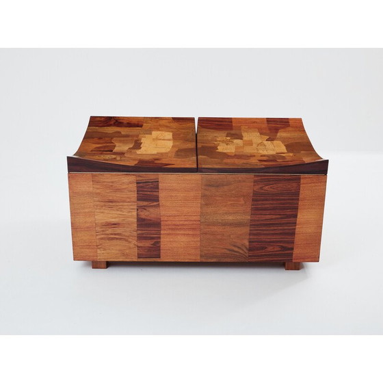 Image 1 of Meuble de bar vintage en marqueterie de bois et de laiton par Michel Lefèvre, 1960