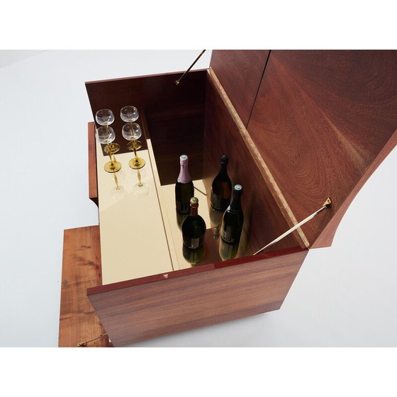 Image 1 of Meuble de bar vintage en marqueterie de bois et de laiton par Michel Lefèvre, 1960