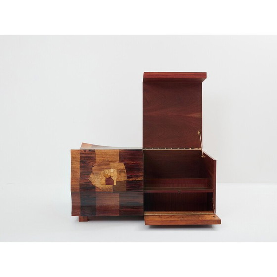 Image 1 of Meuble de bar vintage en marqueterie de bois et de laiton par Michel Lefèvre, 1960