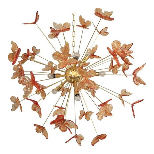 Lustre contemporain Spoutnik ovale en verre de Murano transparent "Triedro" et sphères d'ambre