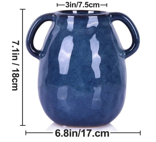 Vase En Céramique Bleu Avec 2 Poignées