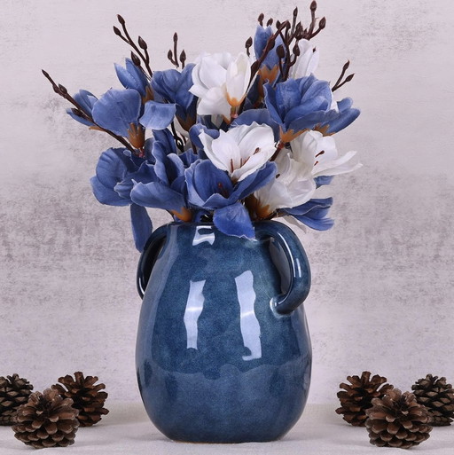 Vase En Céramique Bleu Avec 2 Poignées