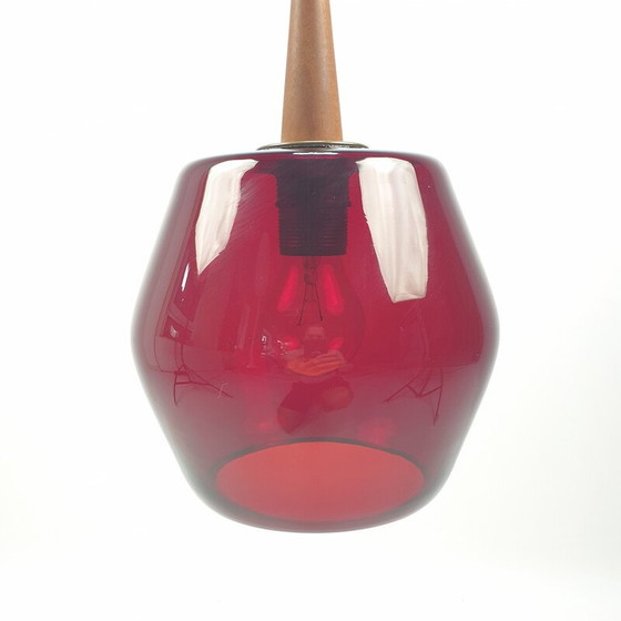 Image 1 of Lampe suspendue vintage en verre et teck, Pays-Bas 1970