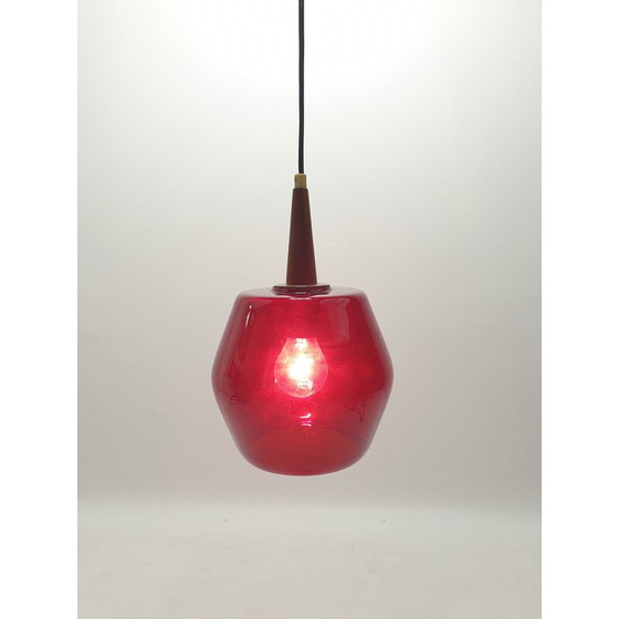 Image 1 of Lampe suspendue vintage en verre et teck, Pays-Bas 1970